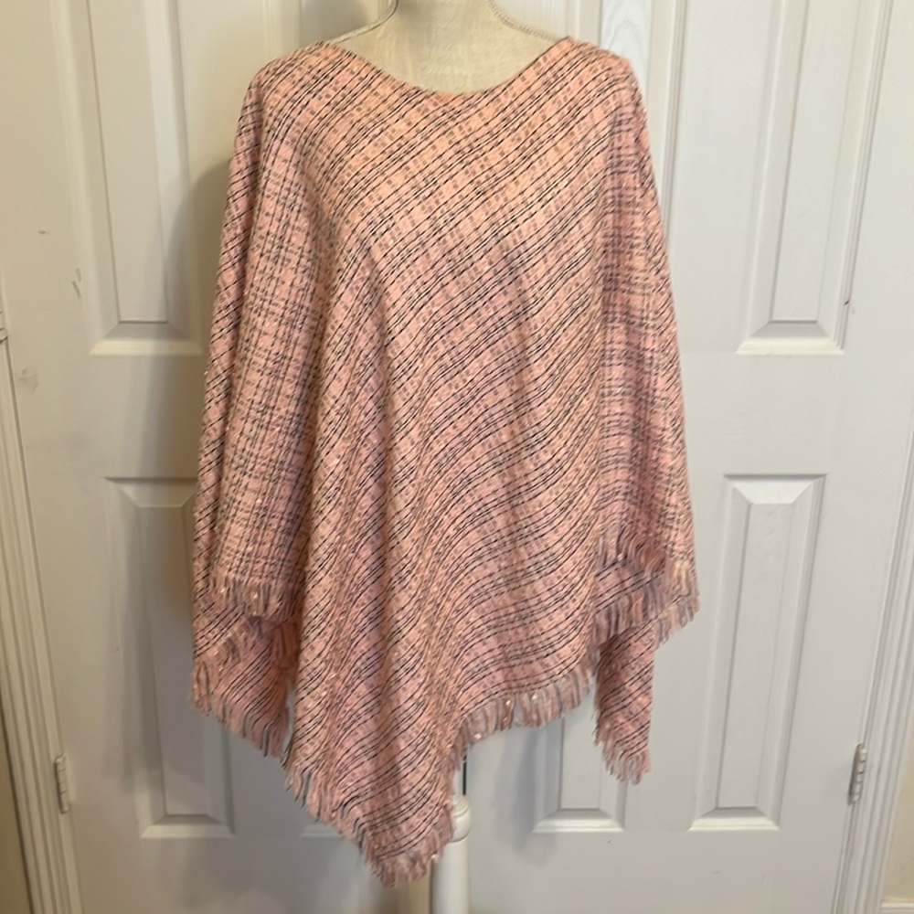 Apostrophe Woman Pink Fringed Tweed Poncho/ 3X